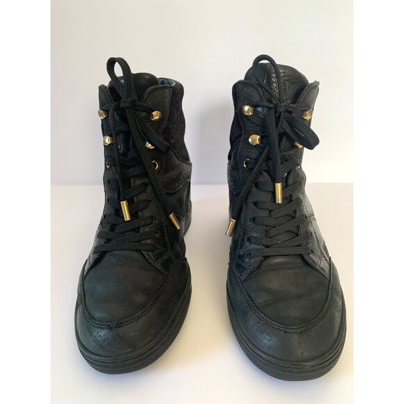 Louis Vuitton Women's Sz 37 Black Leather and Suede Millenium Wedge High-Top - Picture 2 of 15